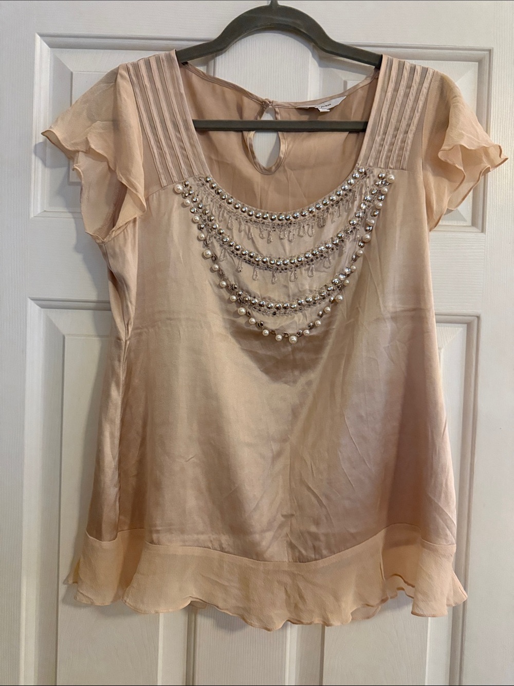 Embellished Cream silk Short Sleeve Top
